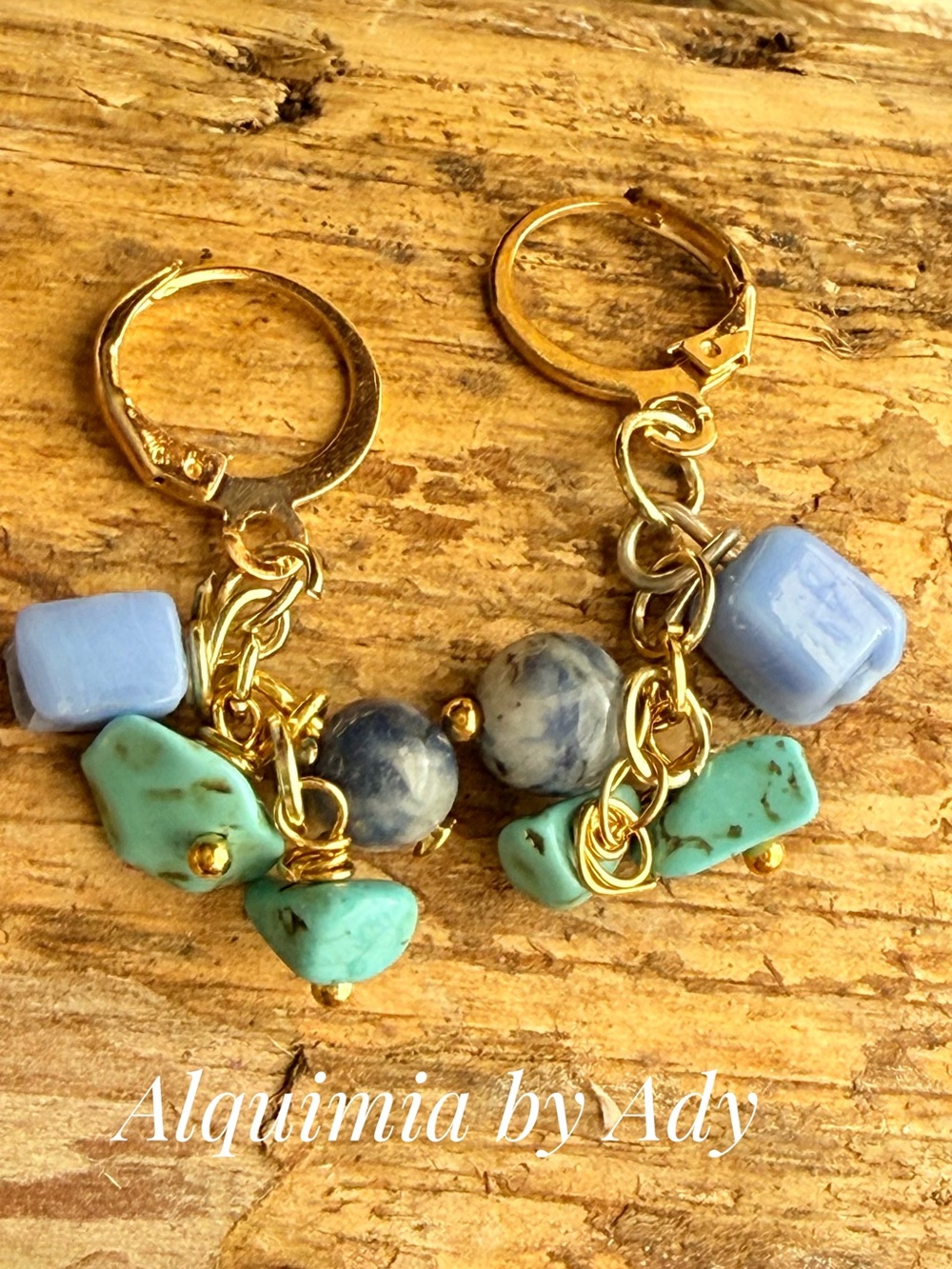 Gold Hoop Earrings with Turquoise, Light Blue aquamarine and Blue-Gray Beads